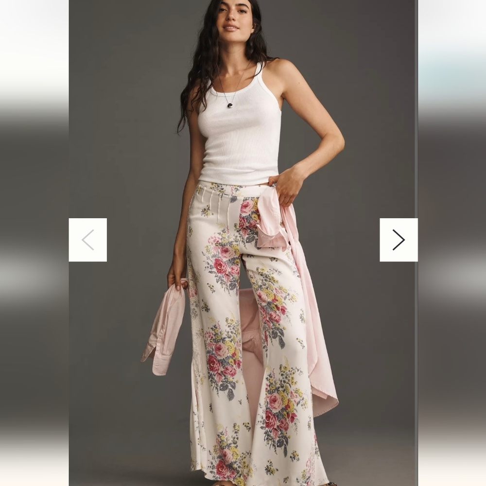 Anthropologie Floral Lace Silky Flare Pants Ivory Size 12 New